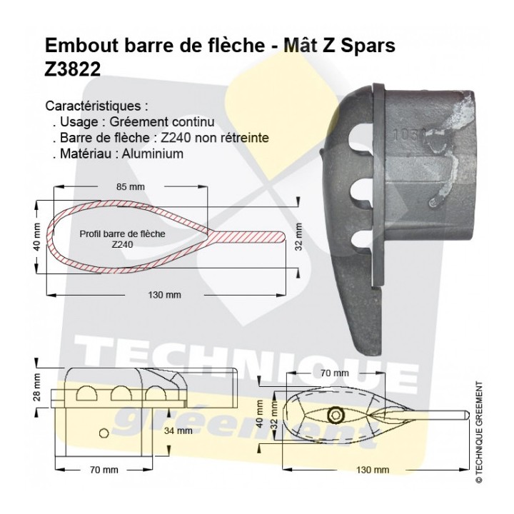 Embout 3822 pour barre de flèche Z240 non rétreinte - Gréement Continu
